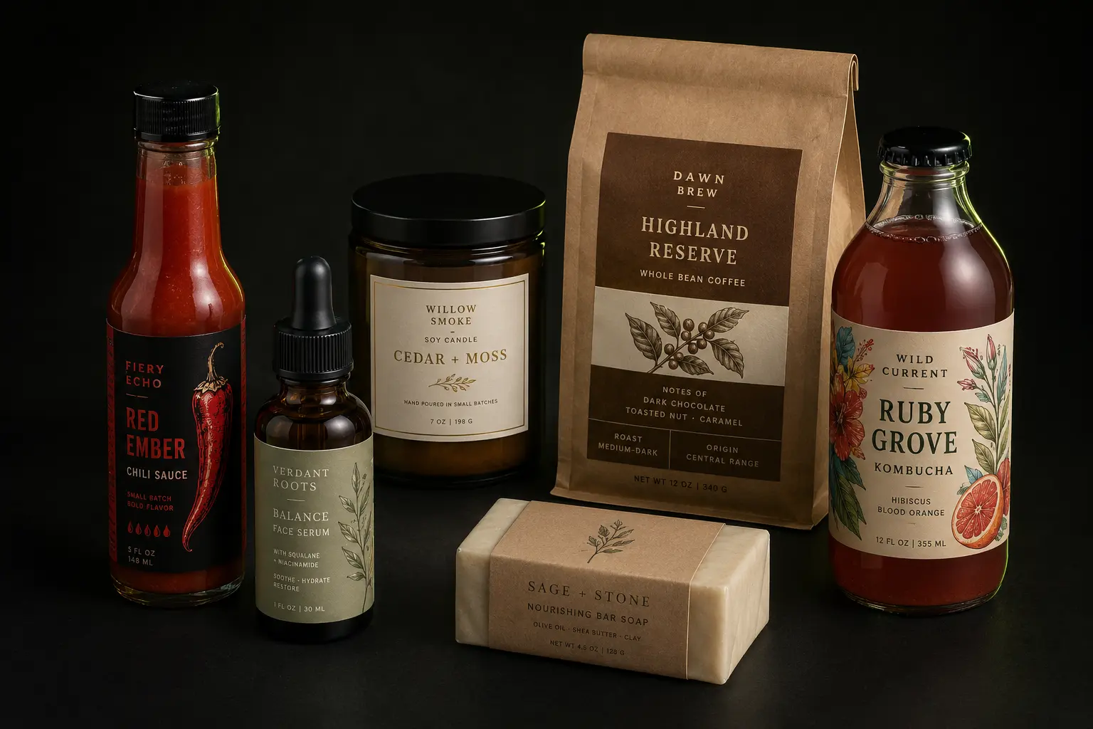 Six example products across our verticals &mdash; hot sauce, skincare, candle, coffee, kombucha, and soap &mdash; each with a professional label design